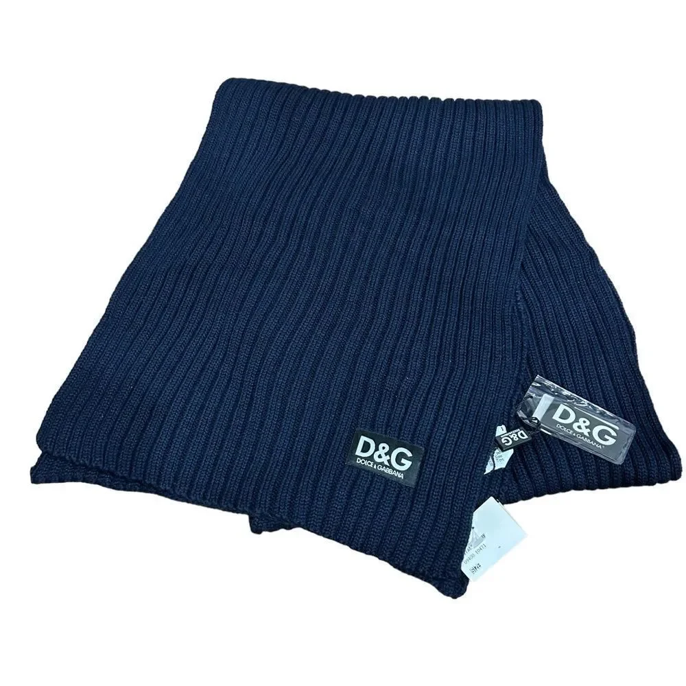 Dolce & Gabbana Vintage Navy Blue Lamb Wool Scarf with DG logo Revolve
